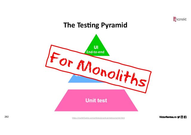 282 https://martinfowler.com/articles/practical-test-pyramid.html
End-to-end
The Tes7ng Pyramid
For Monoliths
