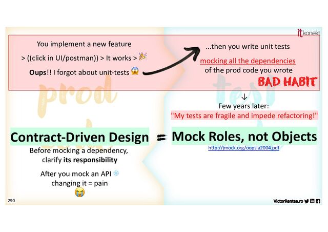 290
BAD HABIT
Mock Roles, not Objects
h=p://jmock.org/oopsla2004.pdf
You implement a new feature
> ((click in UI/postman)) > It works > 🎉
Oups!! I forgot about unit-tests 😱
...then you write unit tests
mocking all the dependencies
of the prod code you wrote
↓
Few years later:
"My tests are fragile and impede refactoring!"
Contract-Driven Design
Before mocking a dependency,
clarify its responsibility
=
AZer you mock an API ❄
changing it = pain
😭

