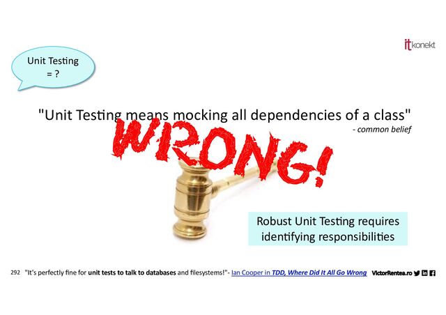 292
"Unit Tes5ng means mocking all dependencies of a class"
- common belief
WRONG!
"It's perfectly ﬁne for unit tests to talk to databases and ﬁlesystems!"- Ian Cooper in TDD, Where Did It All Go Wrong
Unit Tes7ng
= ?
Robust Unit TesJng requires
idenJfying responsibiliJes
