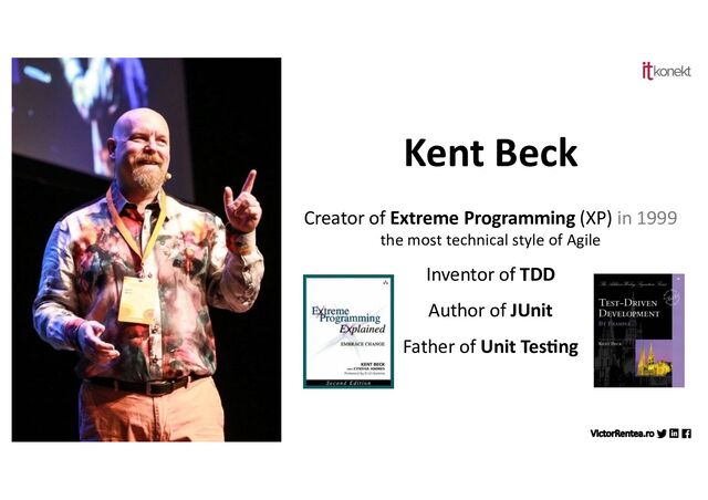 265
Kent Beck
Creator of Extreme Programming (XP) in 1999
the most technical style of Agile
Inventor of TDD
Author of JUnit
Father of Unit Tes3ng
