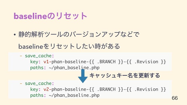 baselineͷϦηοτ
• ੩తղੳπʔϧͷόʔδϣϯΞοϓͳͲͰ
baselineΛϦηοτ͍͕ͨ࣌͋͠Δ
• ΩϟογϡͷΩʔ໊Λมߋ͢Δ

- save_cache:
key: v1-phan-baseline-{{ .BRANCH }}-{{ .Revision }}
paths: ~/phan_baseline.php
- save_cache:
key: v2-phan-baseline-{{ .BRANCH }}-{{ .Revision }}
paths: ~/phan_baseline.php
ΩϟογϡΩʔ໊Λߋ৽͢Δ
