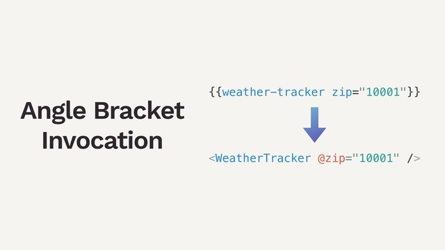 Angle Bracket
Invocation
{{weather-tracker zip="10001"}}

