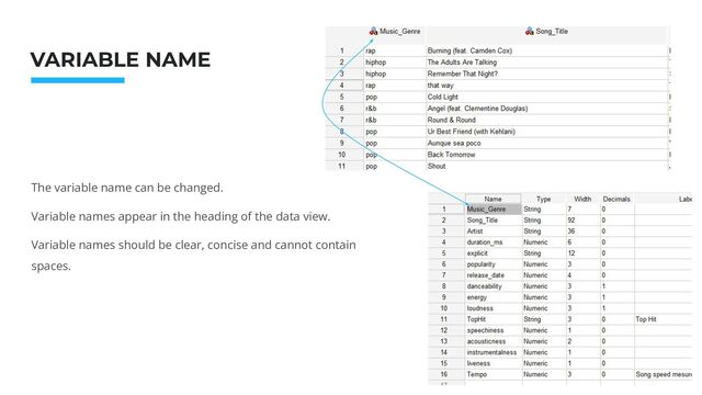 Photo: Startup Weekend Hackathon. Nov.2014
The variable name can be changed.
Variable names appear in the heading of the data view.
Variable names should be clear, concise and cannot contain
spaces.
VARIABLE NAME
