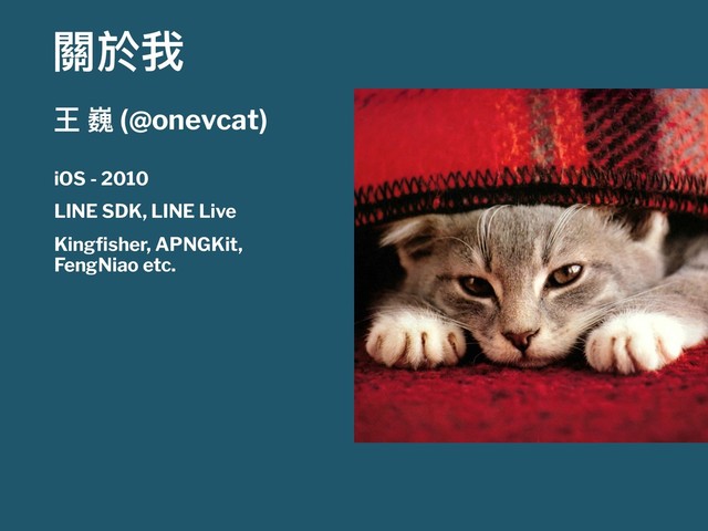 橕ෝ౯
ሴ ૛ (@onevcat)
iOS - 2010
LINE SDK, LINE Live
Kingﬁsher, APNGKit,
FengNiao etc.
