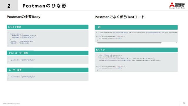 ©Mitsubishi Electric Corporation
16
Postmanのひな形
2
ゲストユーザー追加
ユーザー変更
API共通（ログ用）
