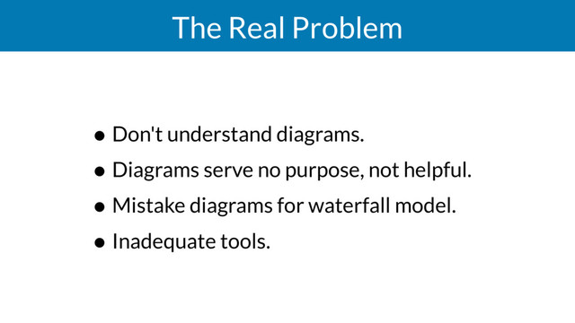 The Real Problem
• Don't understand diagrams.
• Diagrams serve no purpose, not helpful.
• Mistake diagrams for waterfall model.
• Inadequate tools.
