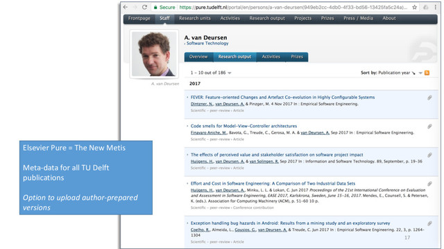 17
Elsevier Pure = The New Metis
Meta-data for all TU Delft
publications
Option to upload author-prepared
versions
