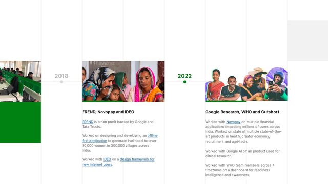 2018 2022
FREND, Novopay and IDEO


FREND is a non profit backed by Google and
Tata Trusts.


Worked on designing and developing an offline
first application to generate livelihood for over
80,000 women in 300,000 villages across
India.


Worked with IDEO on a design framework for
new internet users.
Google Research, WHO and Cutshort


Worked with Novopay on multiple financial
applications impacting millions of users across
India. Worked on state of multiple state-of-the-
art products in health, creator economy,
recruitment and agri-tech.
 
 
Worked with Google AI on an product used for
clinical research


Worked with WHO team members across 4
timezones on a dashboard for readiness
intelligence and awareness.
