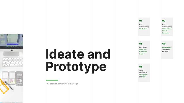 Ideate and
Prototype
The solution part of Product Design
02


Not
Understanding
Stakeholders/
Market/
Ecosystem
01


Not
Understanding
The Problem
03


Not Defining
Users/Jobs-
to-be-done/
Needs
05


Measurement:
Too little or
too much
08


Delay
Validation of
Assumptions
and Risks


