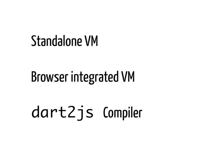 Standalone VM

Browser integrated VM

dart2js Compiler
