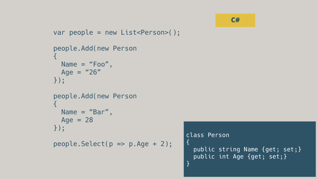 var people = new List();
people.Add(new Person
{
Name = “Foo”,
Age = “26”
});
people.Add(new Person
{
Name = “Bar”,
Age = 28
});
people.Select(p => p.Age + 2);
C#
class Person
{
public string Name {get; set;}
public int Age {get; set;}
}
