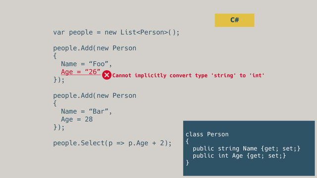 var people = new List();
people.Add(new Person
{
Name = “Foo”,
Age = “26”
});
people.Add(new Person
{
Name = “Bar”,
Age = 28
});
people.Select(p => p.Age + 2);
C#
class Person
{
public string Name {get; set;}
public int Age {get; set;}
}
Cannot implicitly convert type 'string' to 'int'
