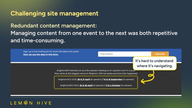 Challenging site management​
Redundant content management:

Managing content from one event to the next was both repetitive
and time-consuming.​
It's hard to understand 

where it's navigating.
It's hard to understand 

where it's navigating.
