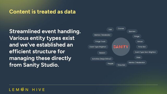Streamlined event handling.
Various entity types exist
and we've established an
efficient structure for
managing these directly
from Sanity Studio.
Content is treated as data​
​
