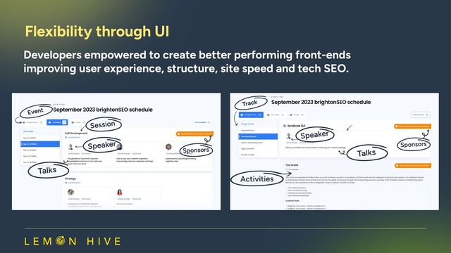 Flexibility through UI​
Developers empowered to create better performing front-ends 

improving user experience, structure, site speed and tech SEO.
Speaker
Session
Talks
Event
Sponsors
Speaker
Activities
Talks
Track
Sponsors
