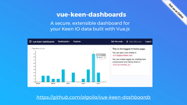 vue-keen-dashboards
https://github.com/algolia/vue-keen-dashboards
A secure, extensible dashboard for
your Keen IO data built with Vue.js
