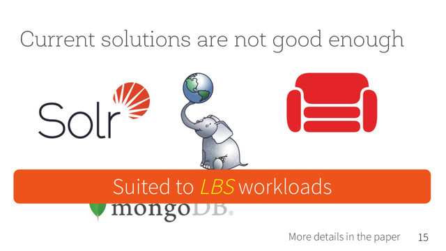 Current solutions are not good enough
15
More details in the paper
Suited to LBS workloads
