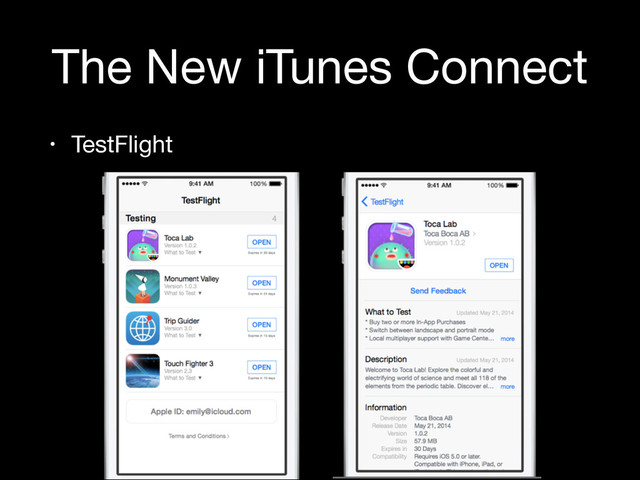 The New iTunes Connect
• TestFlight
