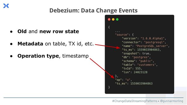 #ChangeDataStreamingPatterns @gunnarmorling
Debezium: Data Change Events
● Old and new row state
● Metadata on table, TX id, etc.
● Operation type, timestamp
