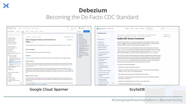 #ChangeDataStreamingPatterns @gunnarmorling
Becoming the De-Facto CDC Standard
Debezium
Google Cloud Spanner ScyllaDB
