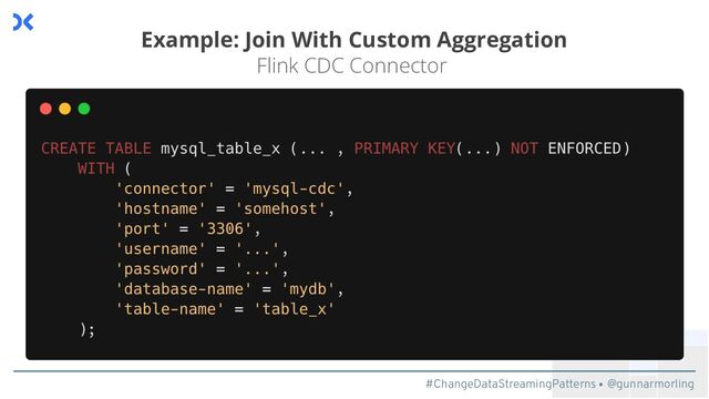 #ChangeDataStreamingPatterns @gunnarmorling
Example: Join With Custom Aggregation
Flink CDC Connector
