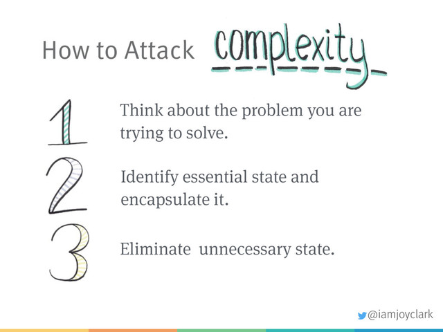 How to Attack
Think about the problem you are
trying to solve.
Identify essential state and
encapsulate it.
Eliminate unnecessary state.
@iamjoyclark
