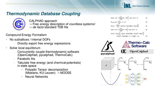 Thermodynamic Database Coupling
CALPHAD approach
⇢ Free energy description of countless systems!
⇢ de facto standard TDB file
Compound Energy Formalism
• No sublattices / internal DOFs
– Directly export free energy expressions
• Solve local equilibrium
– Concurrently couple thermodynamic software
(OpenCalphad, pycalphad, ThermoCalc)
– Parabolic fits
– Tabulate free energy (and chemical potentials)
in state space
• Polyadic Tensor decomposition
(Moelans, KU Leuven) ⇢ MOOSE
• Neural Networks

