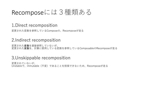 Recomposeには３種類ある
1.Direct recomposition
変更された変数を参照しているComposeの、Recomposeが⾛る
2.Indirect recomposition
変更された変数を直接参照していないが、
変更された変数を、計算に使⽤している変数を参照しているComposableのRecomposeが⾛る
3.Unskippable recomposition
変更されていないが、
Unstableで、immutable（不変）であることを担保できないため、Recomposeが⾛る
