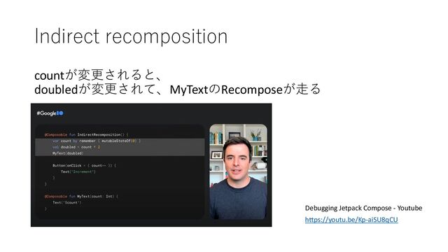 Indirect recomposition
countが変更されると、
doubledが変更されて、MyTextのRecomposeが⾛る
Debugging Jetpack Compose - Youtube
h6ps://youtu.be/Kp-aiSU8qCU
