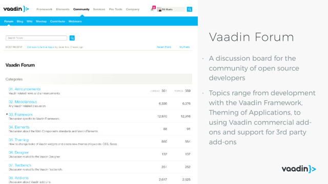 Vaadin Forum
• A discussion board for the
community of open source
developers
• Topics range from development
with the Vaadin Framework,
Theming of Applications, to
using Vaadin commercial add-
ons and support for 3rd party
add-ons
