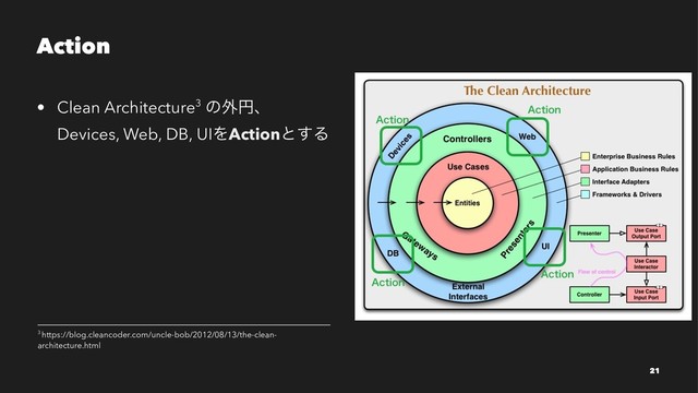 Action
• Clean Architecture3 ͷ֎ԁɺ
Devices, Web, DB, UIΛActionͱ͢Δ
3 https://blog.cleancoder.com/uncle-bob/2012/08/13/the-clean-
architecture.html
21
