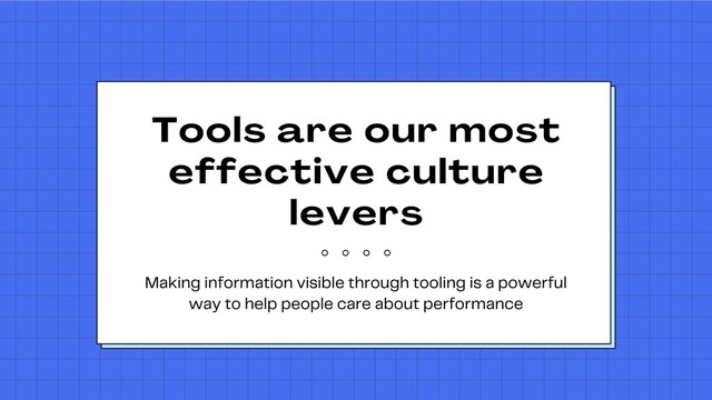 Tools are our most
effective culture
levers
Making information visible through tooling is a powerful
way to help people care about performance
