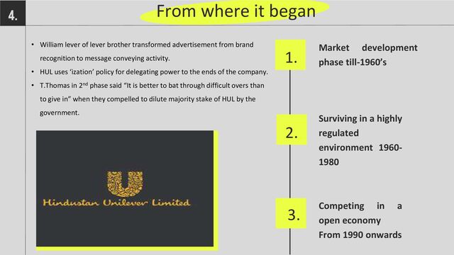 Surviving in a highly
regulated
environment 1960-
1980
Competing in a
open economy
From 1990 onwards
Market development
phase till-1960’s
4.
1.
2.
3.
• William lever of lever brother transformed advertisement from brand
recognition to message conveying activity.
• HUL uses ‘ization’ policy for delegating power to the ends of the company.
• T.Thomas in 2nd phase said “It is better to bat through difficult overs than
to give in” when they compelled to dilute majority stake of HUL by the
government.
From where it began
