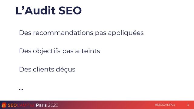 Paris 2022 #SEOCAMPus
L’Audit SEO
Des recommandations pas appliquées
Des objectifs pas atteints
Des clients déçus
…
5
