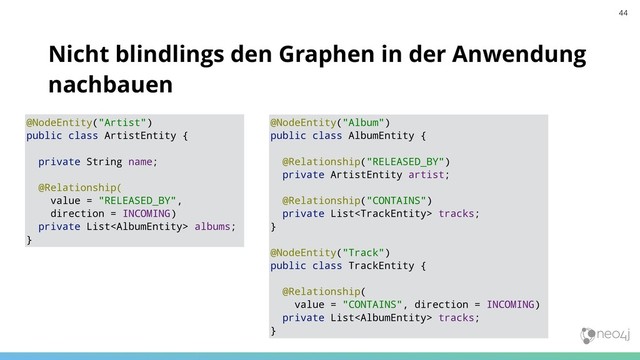 Nicht blindlings den Graphen in der Anwendung
nachbauen
44
@NodeEntity("Artist")
public class ArtistEntity {
private String name;
@Relationship(
value = "RELEASED_BY",
direction = INCOMING)
private List albums;
}
@NodeEntity("Album")
public class AlbumEntity {
@Relationship("RELEASED_BY")
private ArtistEntity artist;
@Relationship("CONTAINS")
private List tracks;
}
@NodeEntity("Track")
public class TrackEntity {
@Relationship(
value = "CONTAINS", direction = INCOMING)
private List tracks;
}
