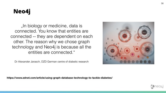 Neo4j
https://www.zdnet.com/article/using-graph-database-technology-to-tackle-diabetes/
„In biology or medicine, data is
connected. You know that entities are
connected -- they are dependent on each
other. The reason why we chose graph
technology and Neo4j is because all the
entities are connected.“
Dr Alexander Jarasch, DZD German centre of diabetic research
58
