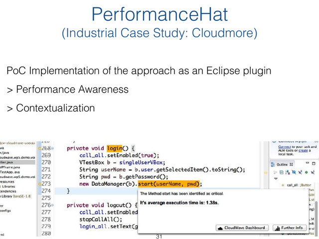 PoC Implementation of the approach as an Eclipse plugin
> Performance Awareness
> Contextualization
31
PerformanceHat 
(Industrial Case Study: Cloudmore)
