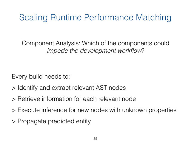 Scaling Runtime Performance Matching
Component Analysis: Which of the components could  
impede the development workﬂow?
Every build needs to: 
> Identify and extract relevant AST nodes
> Retrieve information for each relevant node
> Execute inference for new nodes with unknown properties
> Propagate predicted entity
35
