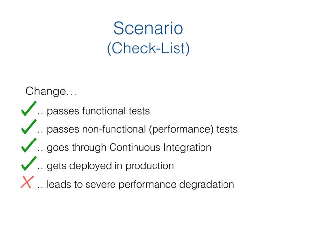 Scenario 
(Check-List)
Change…
…passes functional tests
…passes non-functional (performance) tests
…goes through Continuous Integration
…gets deployed in production
…leads to severe performance degradation
