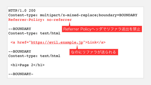 HTTP/1.0 200
Content-type: multipart/x-mixed-replace;boundary=BOUNDARY
Referrer-Policy: no-referrer
--BOUNDARY
Content-type: text/html
<a href="https://evil.example.jp">Link</a>
--BOUNDARY
Content-type: text/html
<h1>Page 2</h1>
--BOUNDARY-
3FGFSSFS1PMJDZϔομͰϦϑΝϥૹग़Λېࢭ
ͳͷʹϦϑΝϥ͕ૹΒΕΔ
