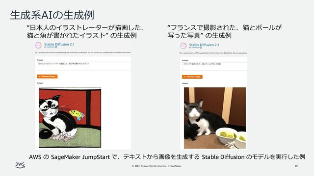 © 2023, Amazon Web Services, Inc. or its affiliates.
“日本人のイラストレーターが描画した、
猫と魚が書かれたイラスト” の生成例
“フランスで撮影された、猫とボールが
写った写真” の生成例
生成系AIの生成例
AWS の SageMaker JumpStart で、テキストから画像を生成する Stable Diffusion のモデルを実行した例
10
