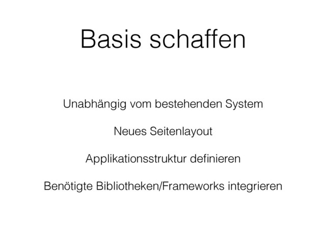 Basis schaffen
Unabhängig vom bestehenden System 
 
Neues Seitenlayout 
 
Applikationsstruktur deﬁnieren
Benötigte Bibliotheken/Frameworks integrieren
