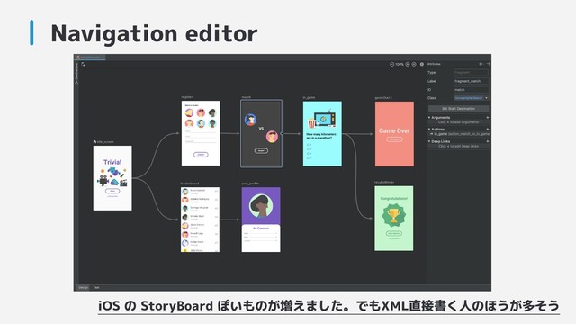 Navigation editor
iOS の StoryBoard ぽいものが増えました。でもXML直接書く人のほうが多そう
