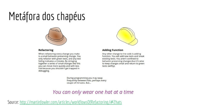 Metáfora dos chapéus
Source: http://martinfowler.com/articles/workflowsOfRefactoring/#2hats
