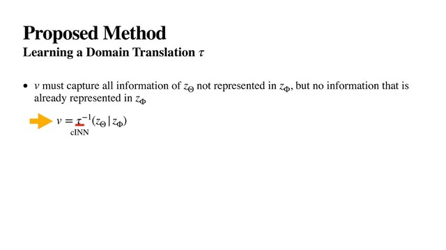 Proposed Method
Learning a Domain Translation τ
• must capture all information of not represented in , but no information that is
already represented in
•
v z
Θ
z
Φ
z
Φ
v = τ−1(z
Θ
|z
Φ
)
cINN
