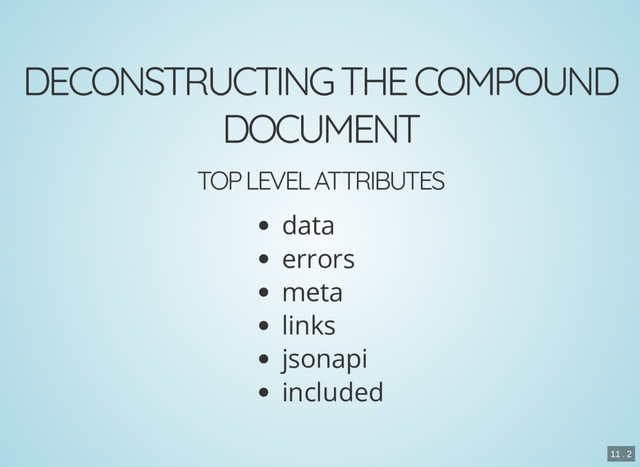 DECONSTRUCTING THE COMPOUND
DOCUMENT
TOP LEVEL ATTRIBUTES
data
errors
meta
links
jsonapi
included
11 . 2
