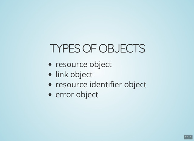 TYPES OF OBJECTS
resource object
link object
resource identi er object
error object
12 . 1
