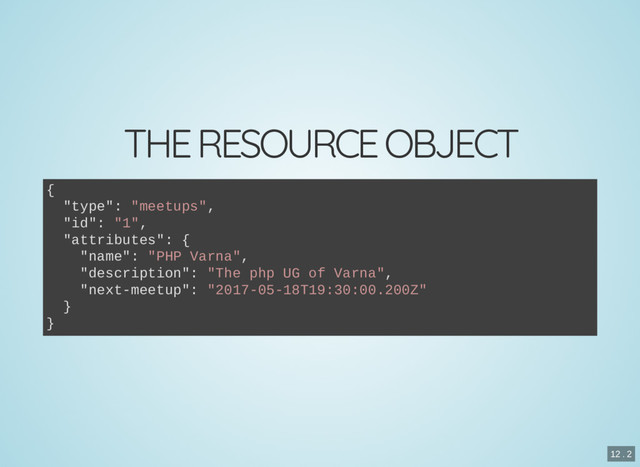 THE RESOURCE OBJECT
{
"type": "meetups",
"id": "1",
"attributes": {
"name": "PHP Varna",
"description": "The php UG of Varna",
"next-meetup": "2017-05-18T19:30:00.200Z"
}
}
12 . 2
