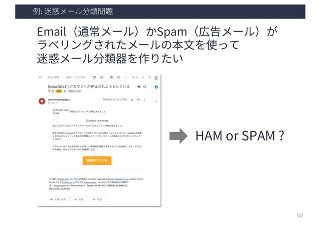 例: 迷惑メール分類問題
50
Email（通常メール）かSpam（広告メール）が
ラベリングされたメールの本⽂を使って
迷惑メール分類器を作りたい
HAM or SPAM ?
