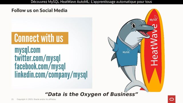 Follow us on Social Media
“Data is the Oxygen of Business”
21 Copyright © 2023, Oracle and/or its affiliates
